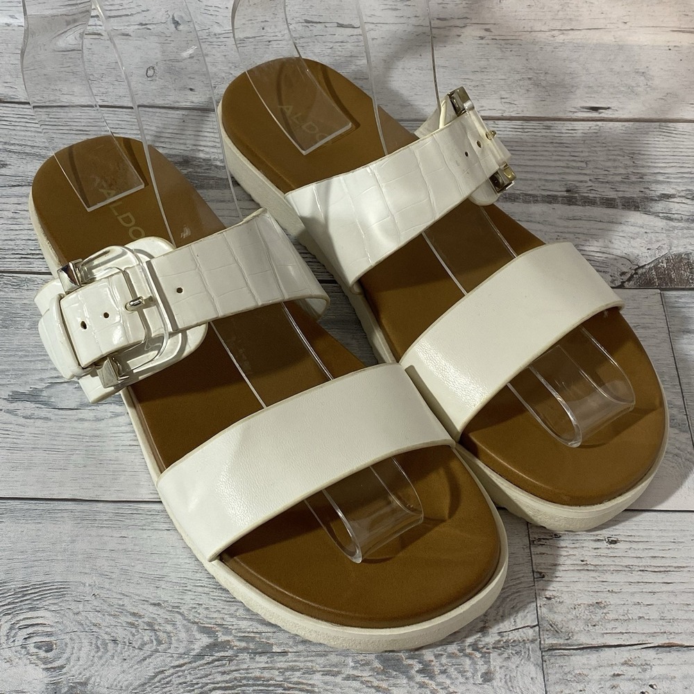 Aldo Sandals Womens 9 White Double Strap Buckle Croc Embossed Strappy Adjustable